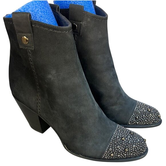 Stuart Weitzman Womens 6.5 Black Suede Ankle Boots Studded Toe Luxury Cowgirl - Picture 1 of 13